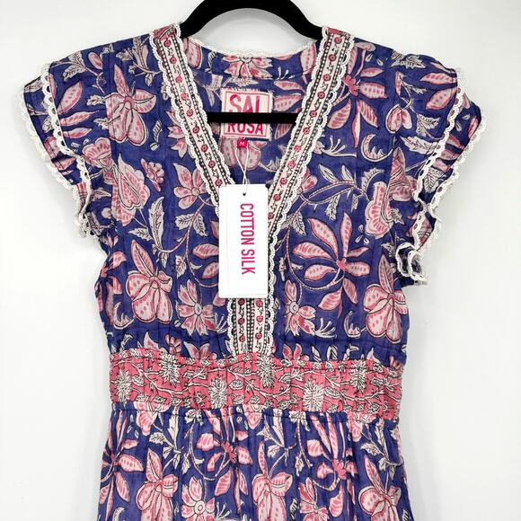 NWT Sal Rosa Womens Boho Hand Block-Printed Floral Tiered Maxi Dress Size M $235 - Picture 6 of 12